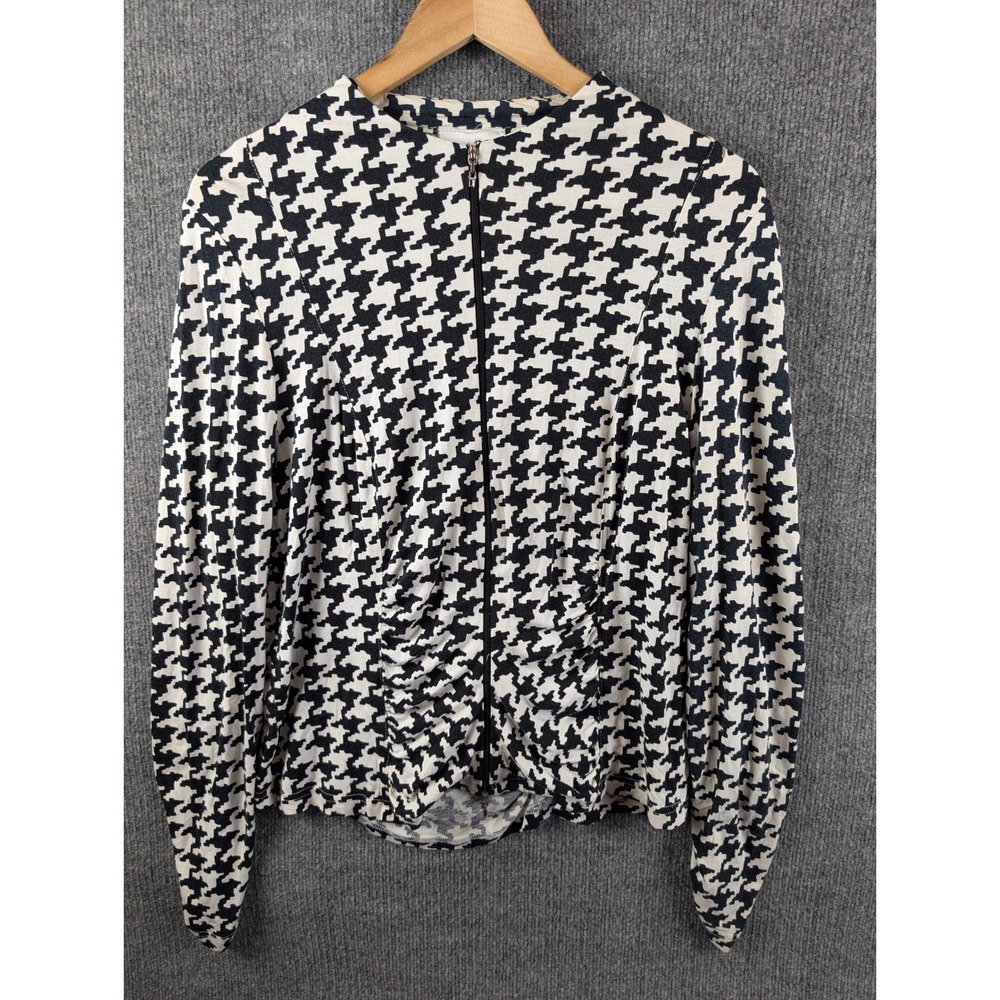 Joseph Ribkoff Womens Houndstooth Zip Front Ruched Top Black White Size 16